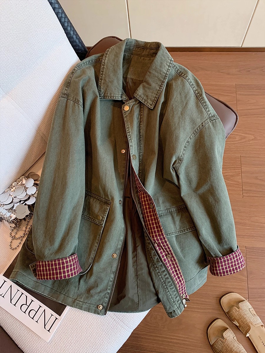Sewing Jackets - Винтажная армейская зеленая джинсовая куртка, женское